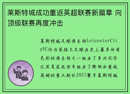 莱斯特城成功重返英超联赛新篇章 向顶级联赛再度冲击